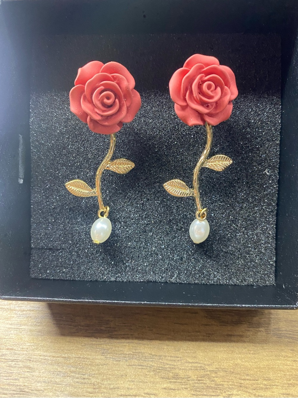 Vintage Inspired Red Rose Gold Stem Delicate Leaves Dangling Pearl Drop Earrings